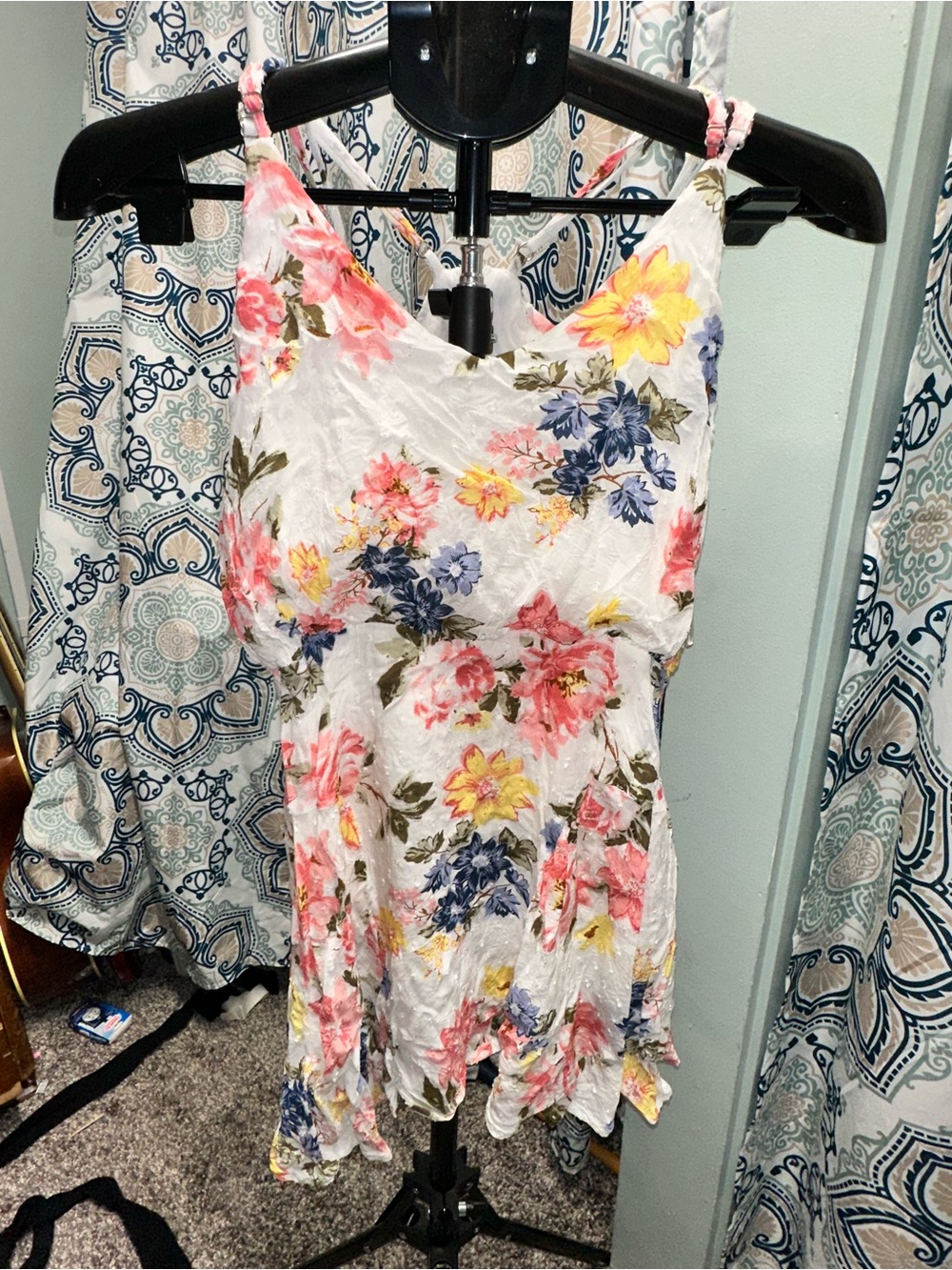 White Floral Mini Dress with Pink, Yellow & Blue Blooms